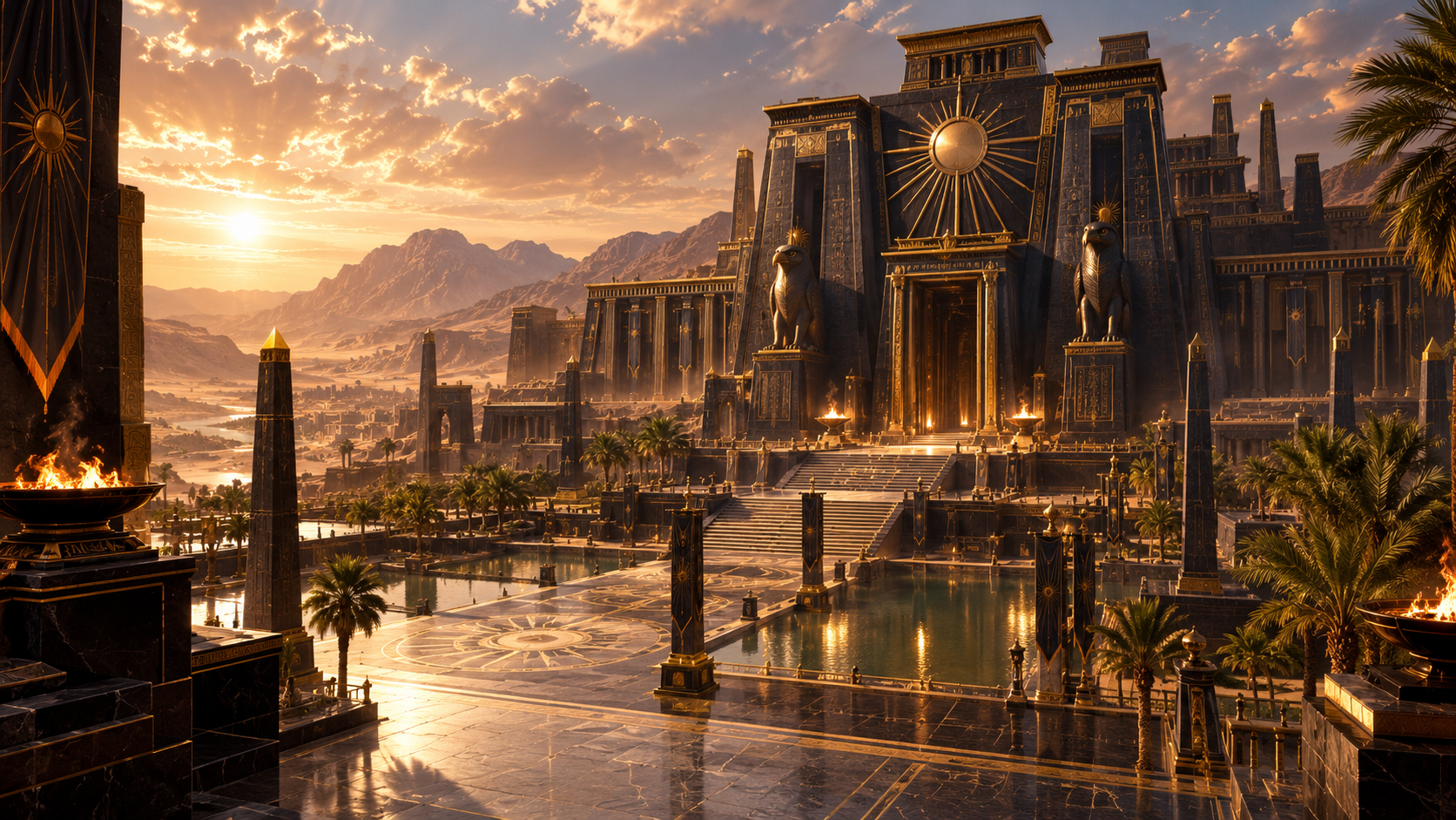 The Great Temple of Ra’tiya: a monumental black-stone temple crowned with a golden sun disk, flanked by colossal falcon statues above a sunlit processional stair.