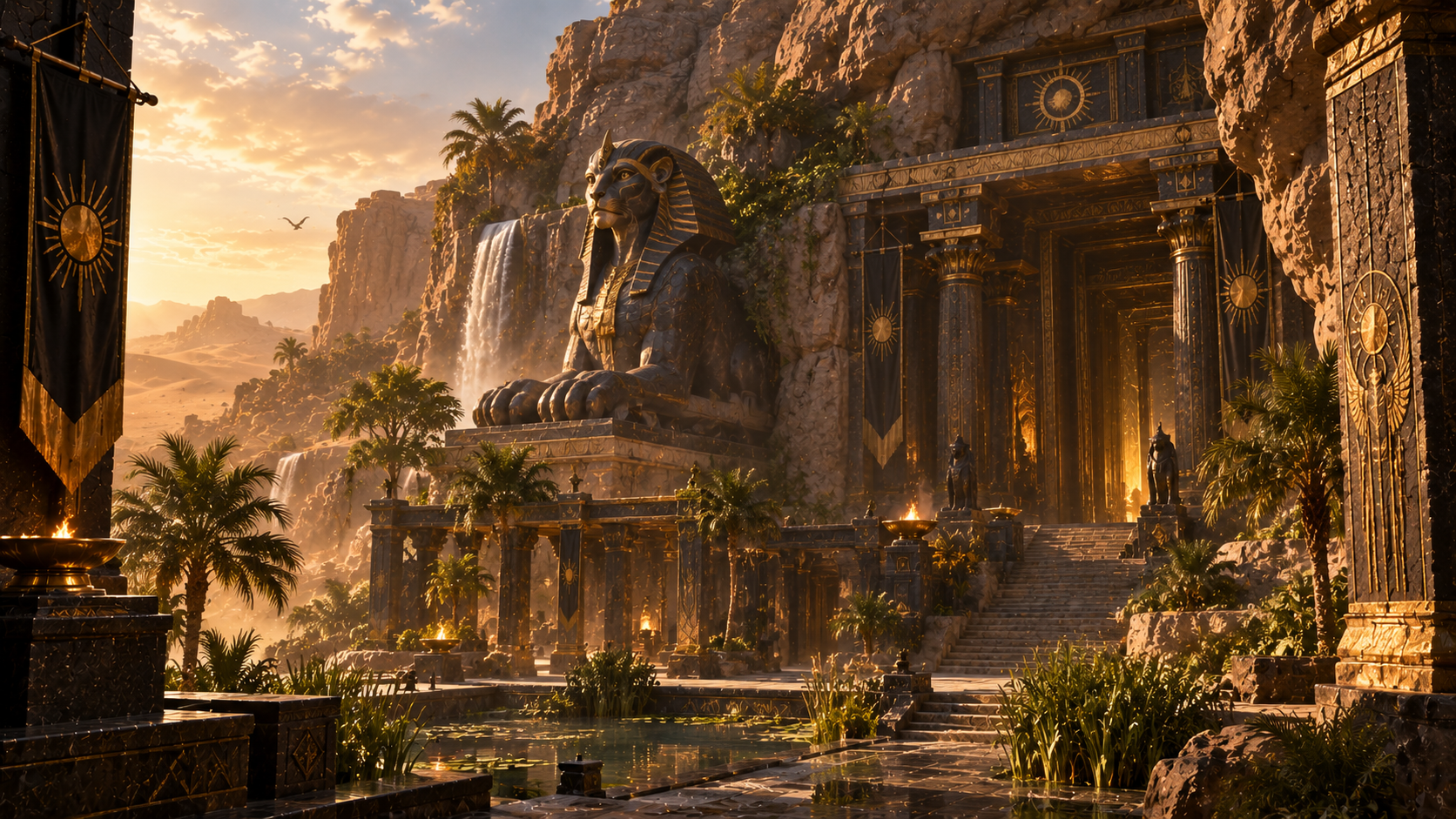 The Temple of Sefu: a cliffside sanctuary beside a waterfall and still pools, guarded by a great carved lion-like statue.
