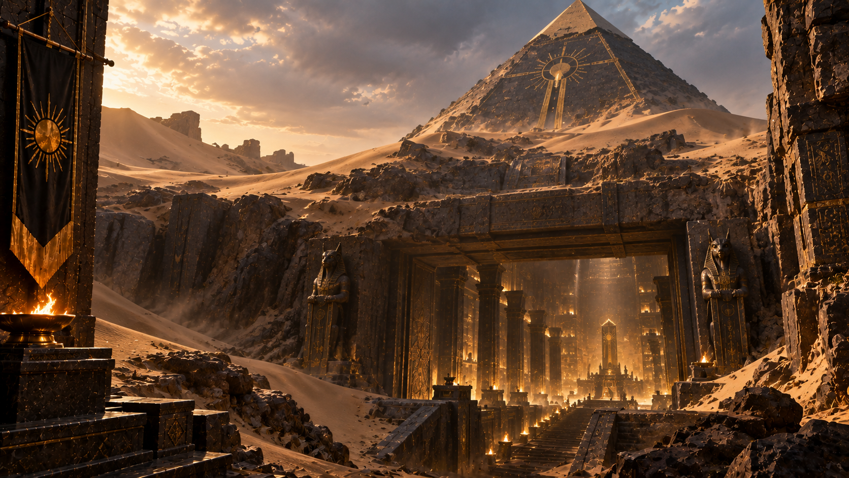 The Lost Pyramid: a weathered pyramid half-buried in desert dunes above a glowing subterranean entrance.